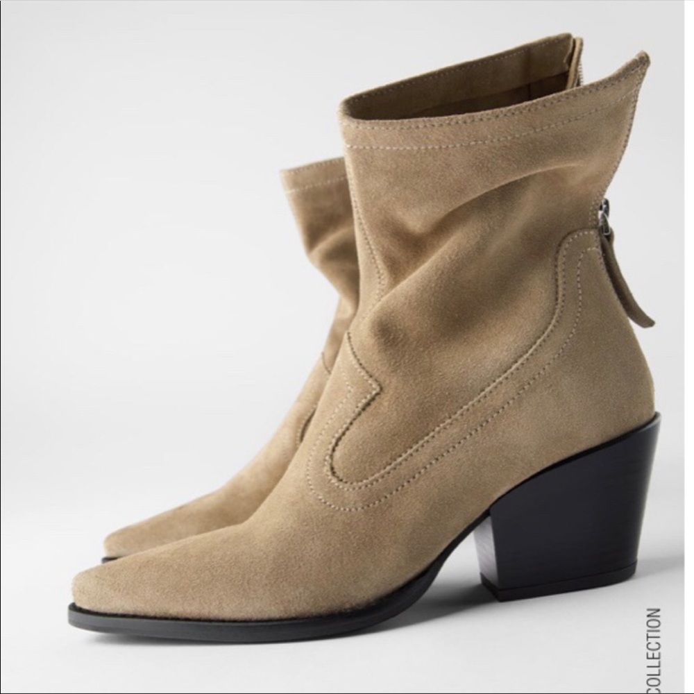 NWT Zara Split Suede Cowboy Heel Boots Sand 37